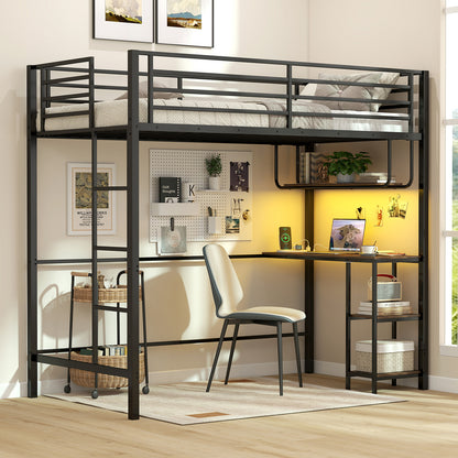 Metal Loft Bed Frame with Charging Station and Light Strip-Rustic Brown