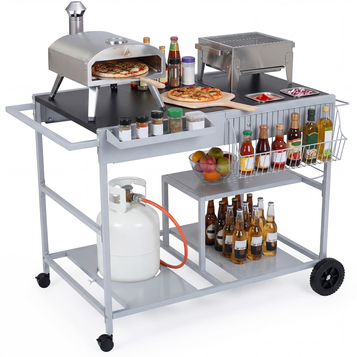 Metal Rolling Food Prep Cart with Mesh Side Panel and Topping Station for Backyard-Black