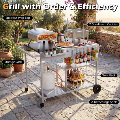 Metal Rolling Food Prep Cart with Mesh Side Panel and Topping Station for Backyard-Black