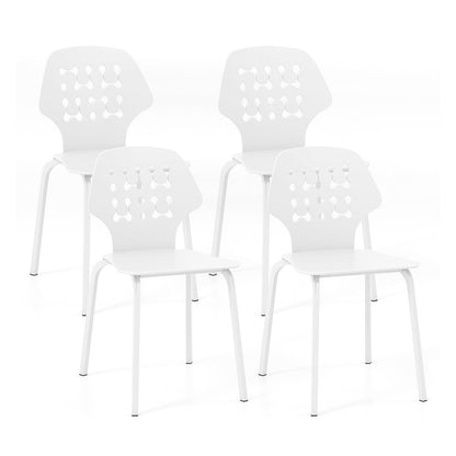 Metal Dining Chair Set of 4 with Hollowed Backrest and Metal Legs-White