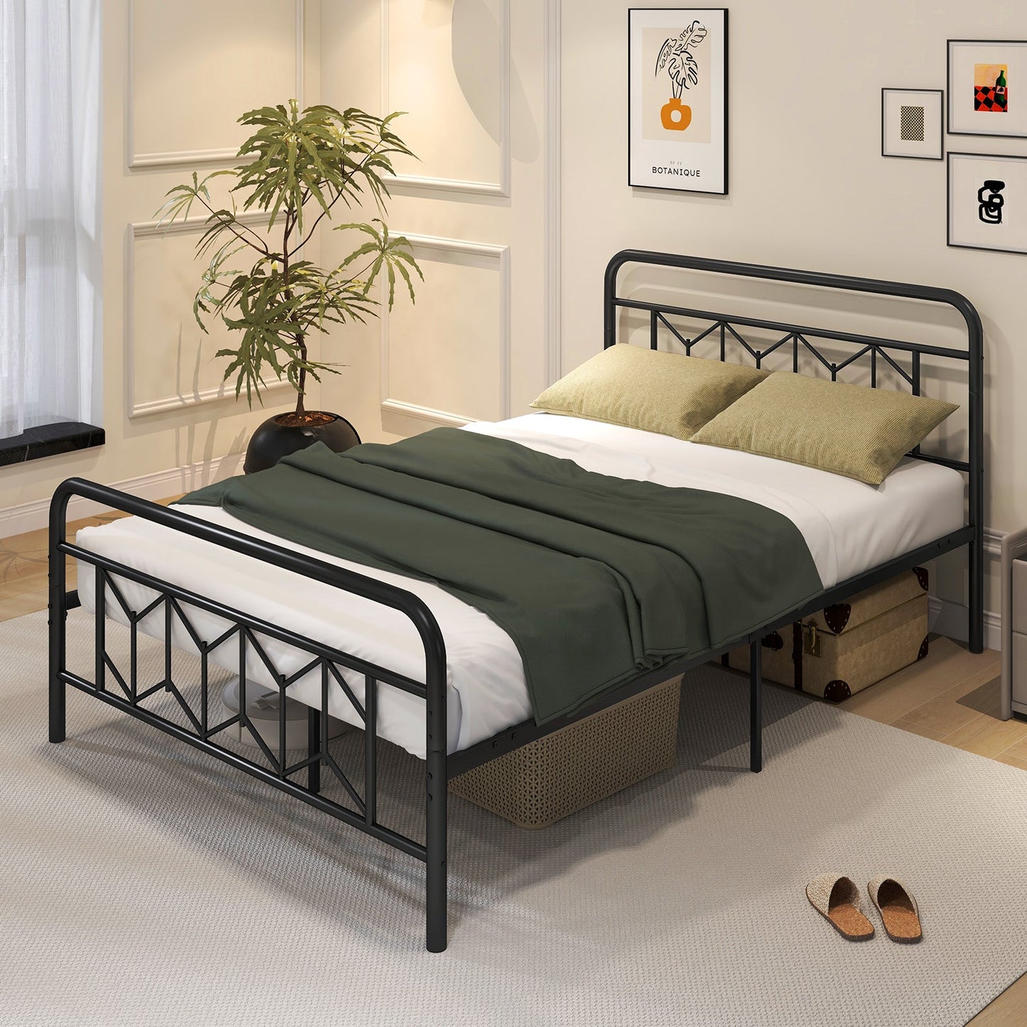 Single/Double/King Size Metal Bed Frame with High Headboard and Mute Bar-Black-Full Size