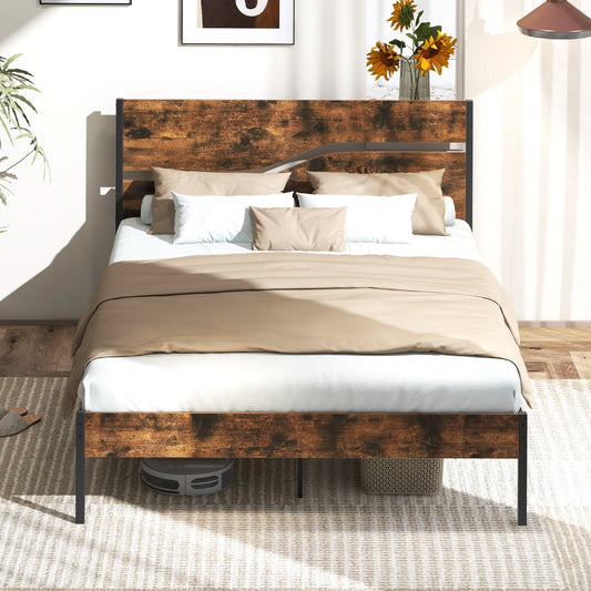 Single/Double/King Metal Bed Frame with Wooden Headboard and Footboard-Rustic Brown-King size