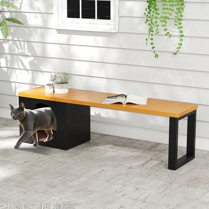 150 CM 3-Person Long Outdoor Metal Bench with Cat House and Scratching Pad-Coffee
