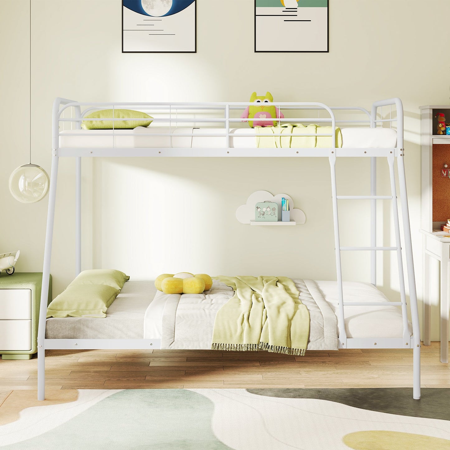 Metal Bunk Bed with Ladder with Safety Guardrail for Teens Adults-White