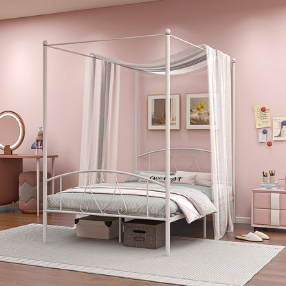 Double Size Metal Canopy Bed Frame-White