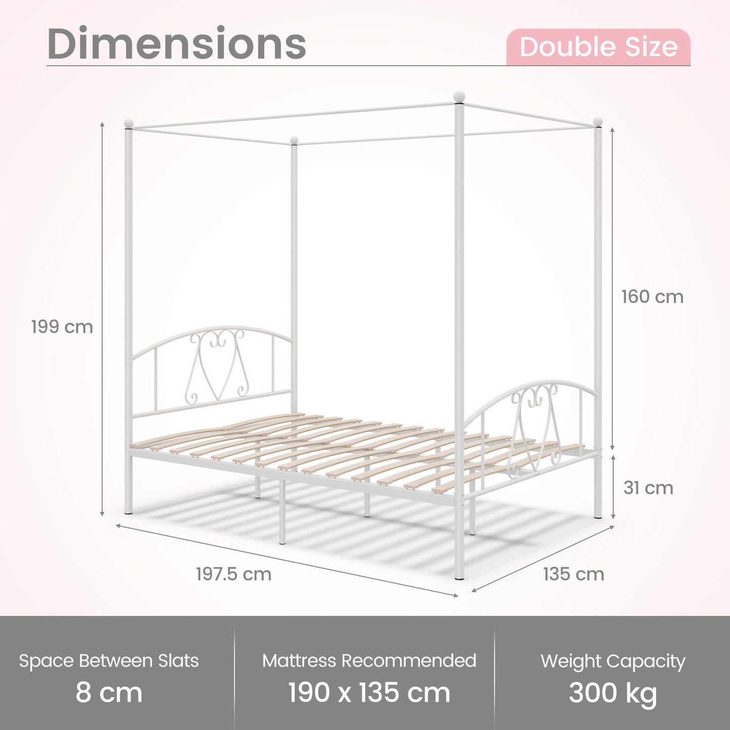 Double Size Metal Canopy Bed Frame-White