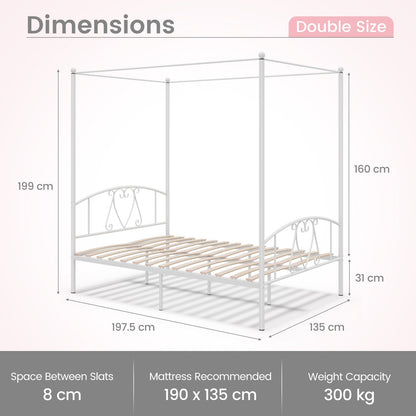 Double Size Metal Canopy Bed Frame-White