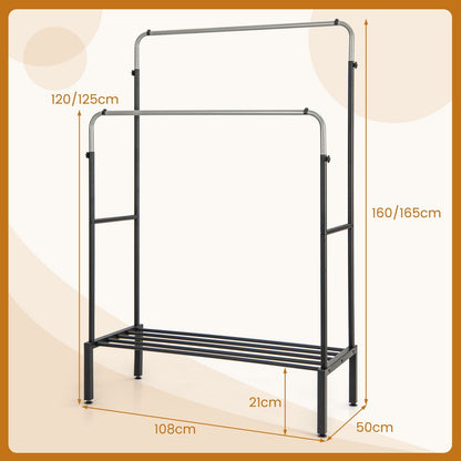 Metal Clothes Stand Rack with 2 Rods and Shoe Shelf-Silver