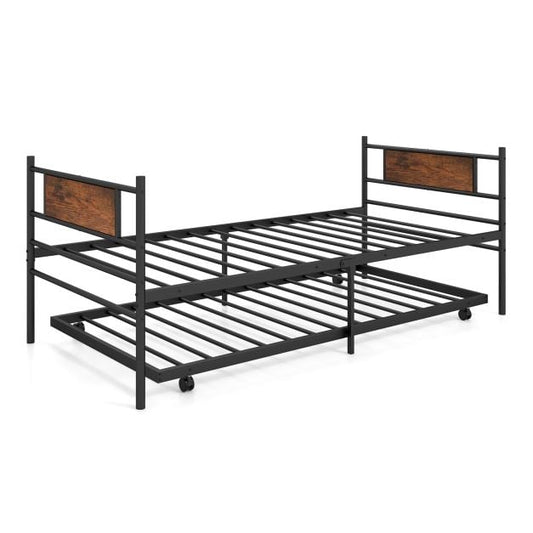 Metal Daybed with Pull-out Trundle Sofa Guest Bed with Wheels-Single Size
