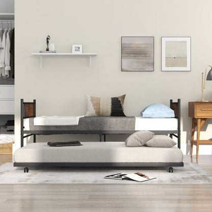 Metal Daybed with Pull-out Trundle Sofa Guest Bed with Wheels-Single Size