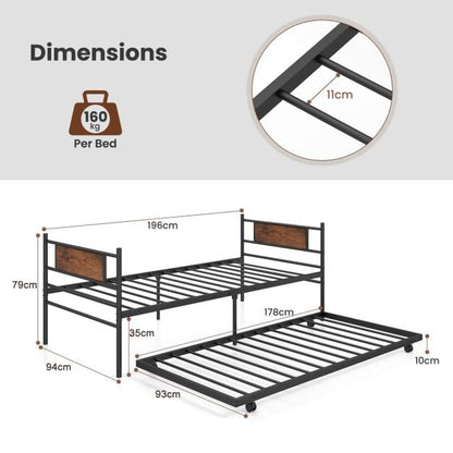 Metal Daybed with Pull-out Trundle Sofa Guest Bed with Wheels-Single Size