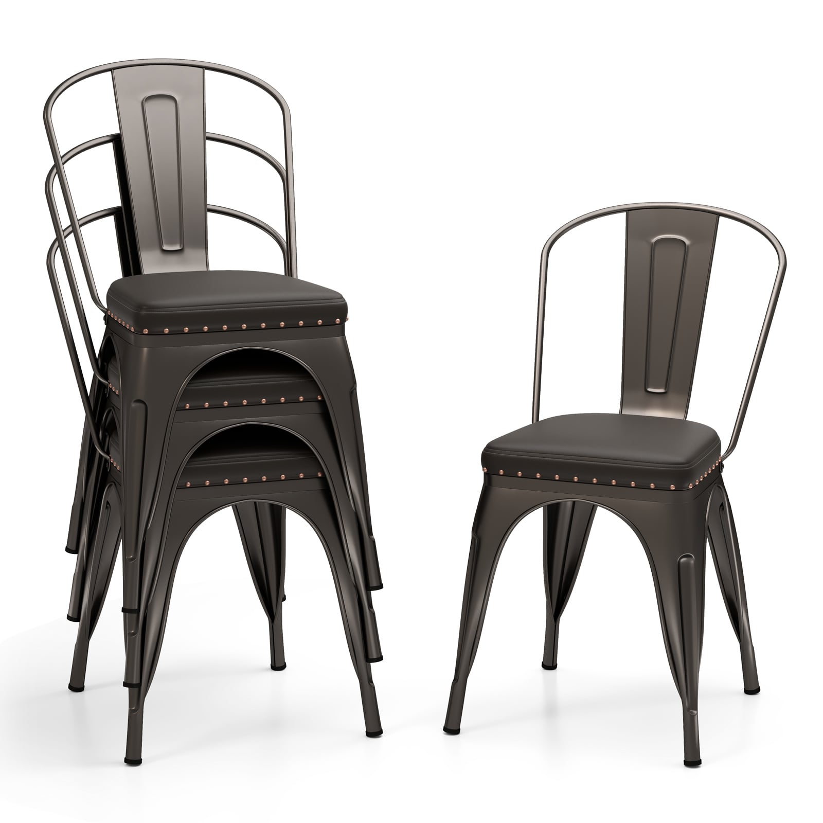 Metal Dining Chair Set of 4 with Removable Backs and PU Leather Cushioned Seat-Brown