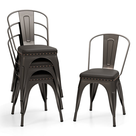 Metal Dining Chair Set of 4 with Removable Backs and PU Leather Cushioned Seat-Brown