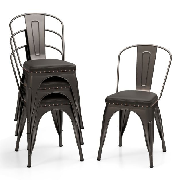 Metal Dining Chair Set of 4 with Removable Backs and PU Leather Cushioned Seat-Brown