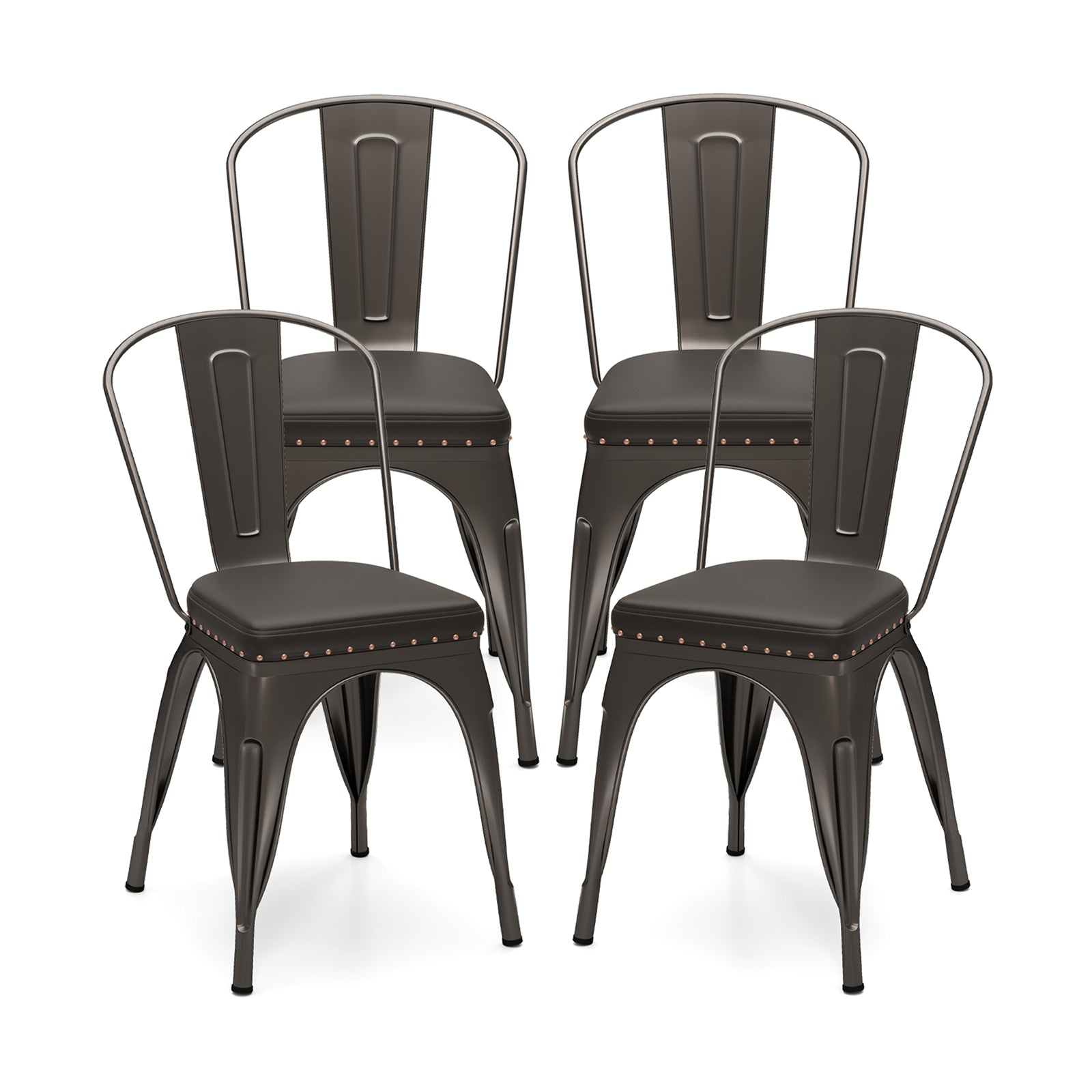 Metal Dining Chair Set of 4 with Removable Backs and PU Leather Cushioned Seat-Brown