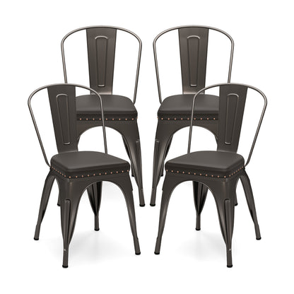 Metal Dining Chair Set of 4 with Removable Backs and PU Leather Cushioned Seat-Brown