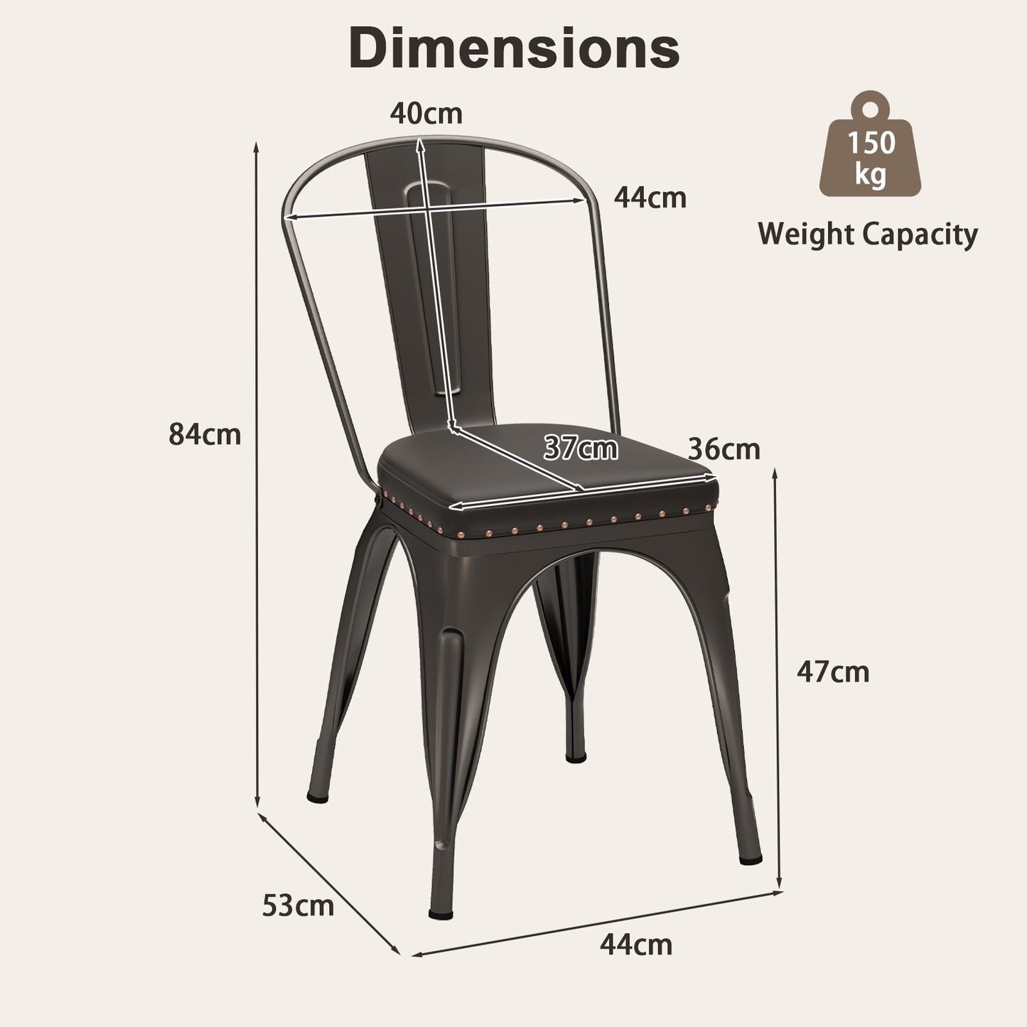Metal Dining Chair Set of 4 with Removable Backs and PU Leather Cushioned Seat-Brown