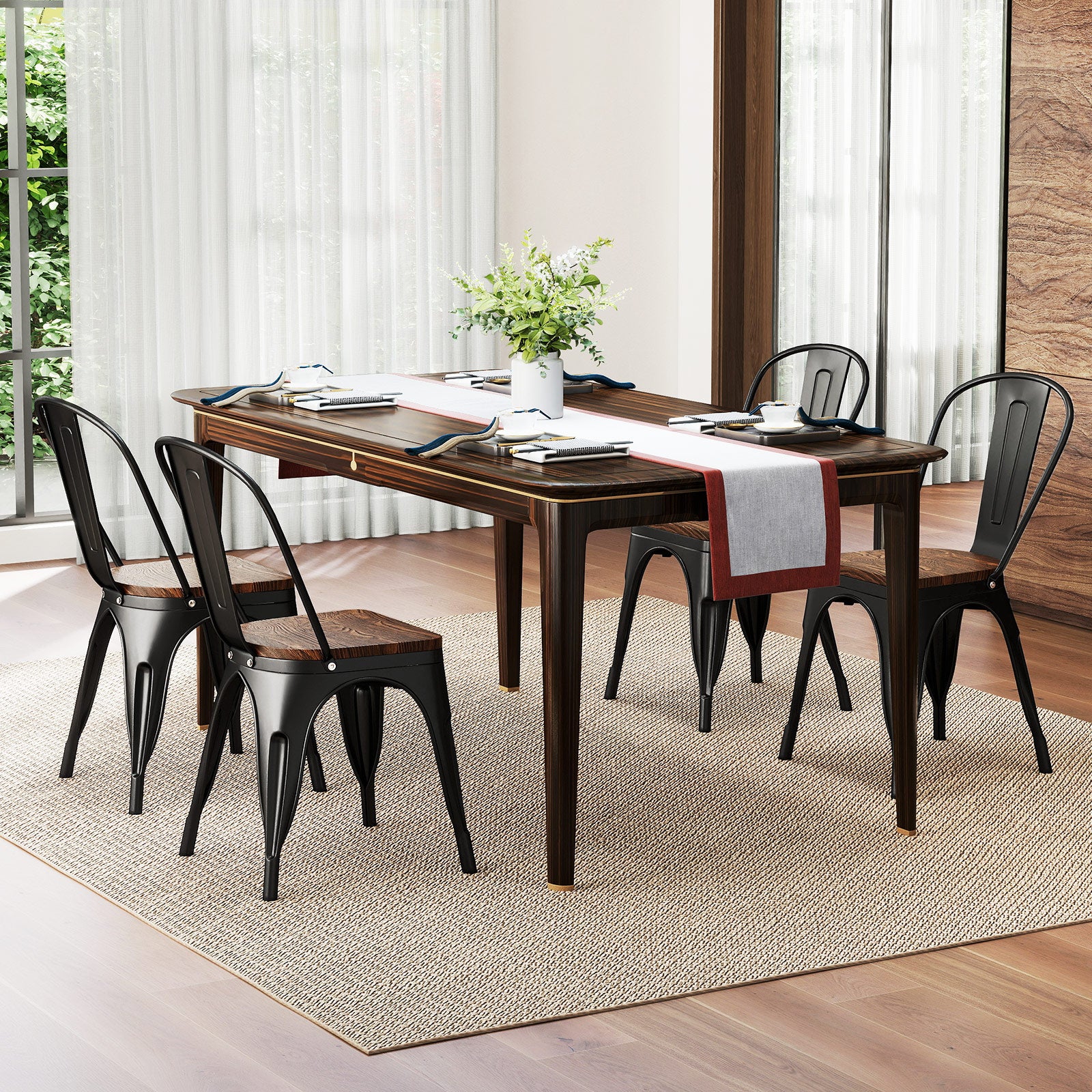 Metal Dining Chairs Set of 4 Stackable Kitchen Side Chairs-Black