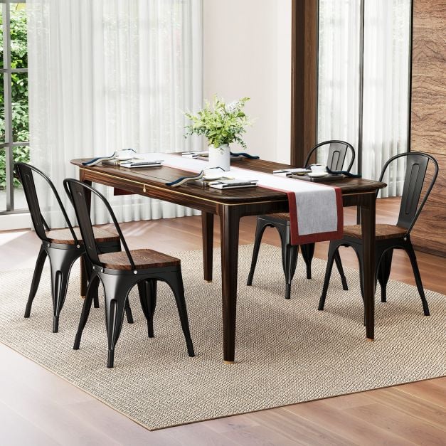 Metal Dining Chairs Set of 4 Stackable Kitchen Side Chairs-Black