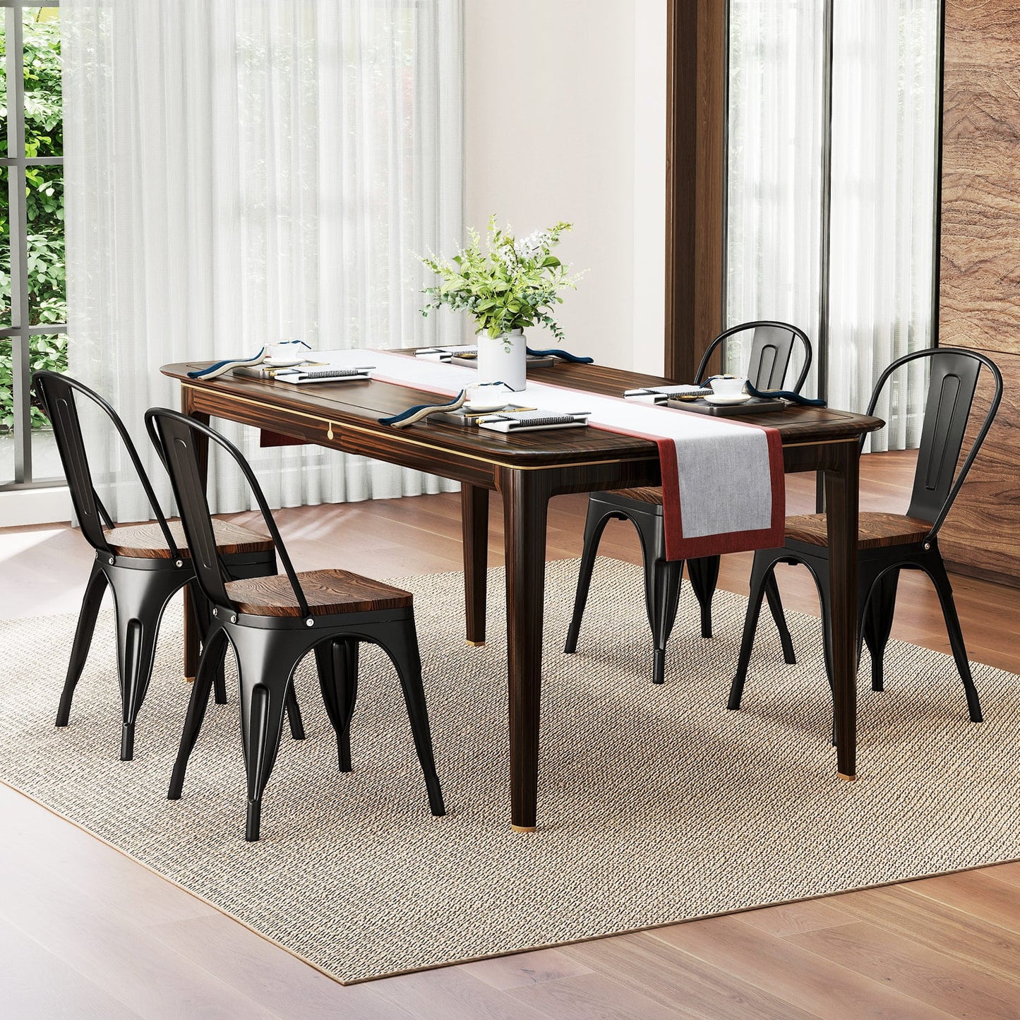 Metal Dining Chairs Set of 4 Stackable Kitchen Side Chairs-Black