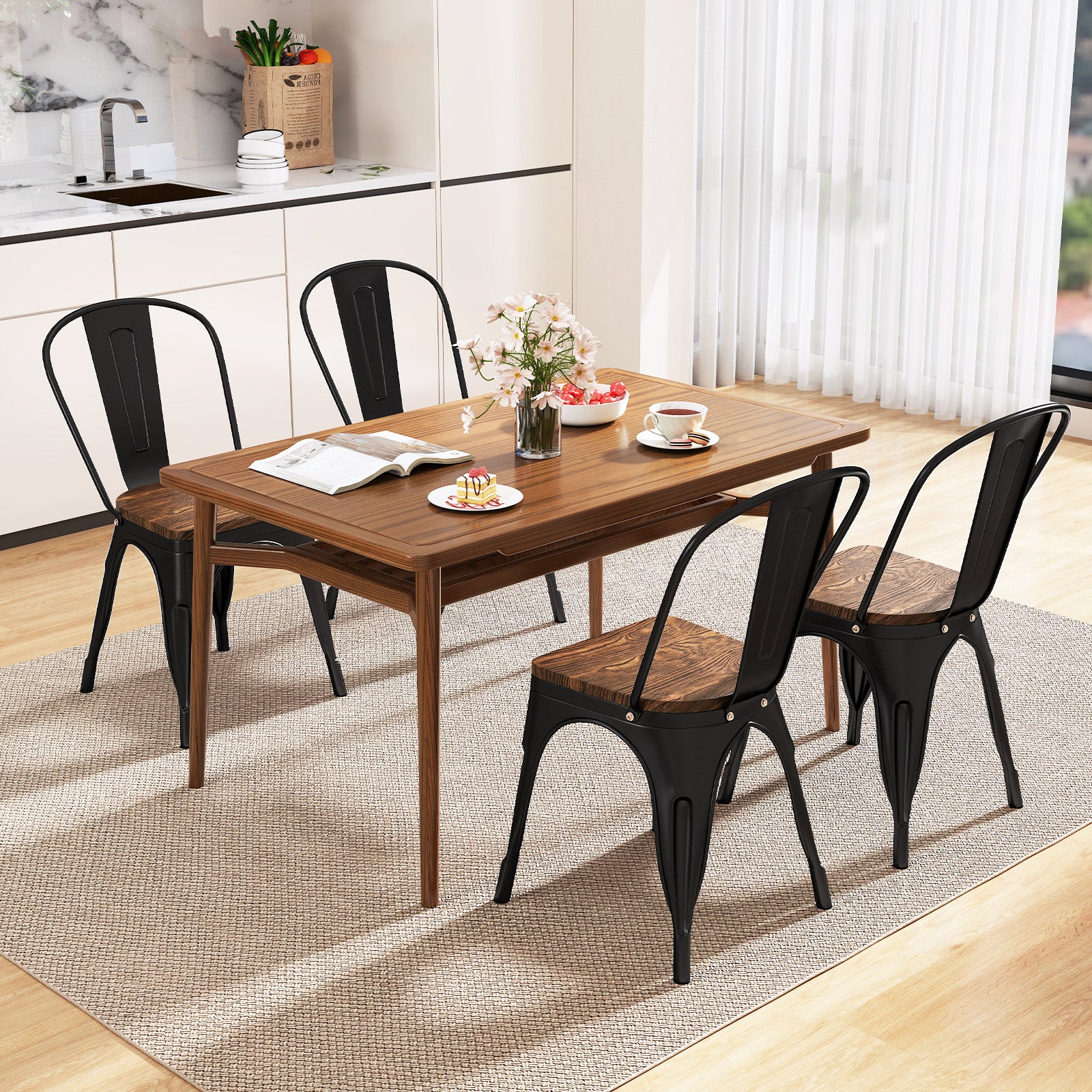 Metal Dining Chairs Set of 4 Stackable Kitchen Side Chairs-Black
