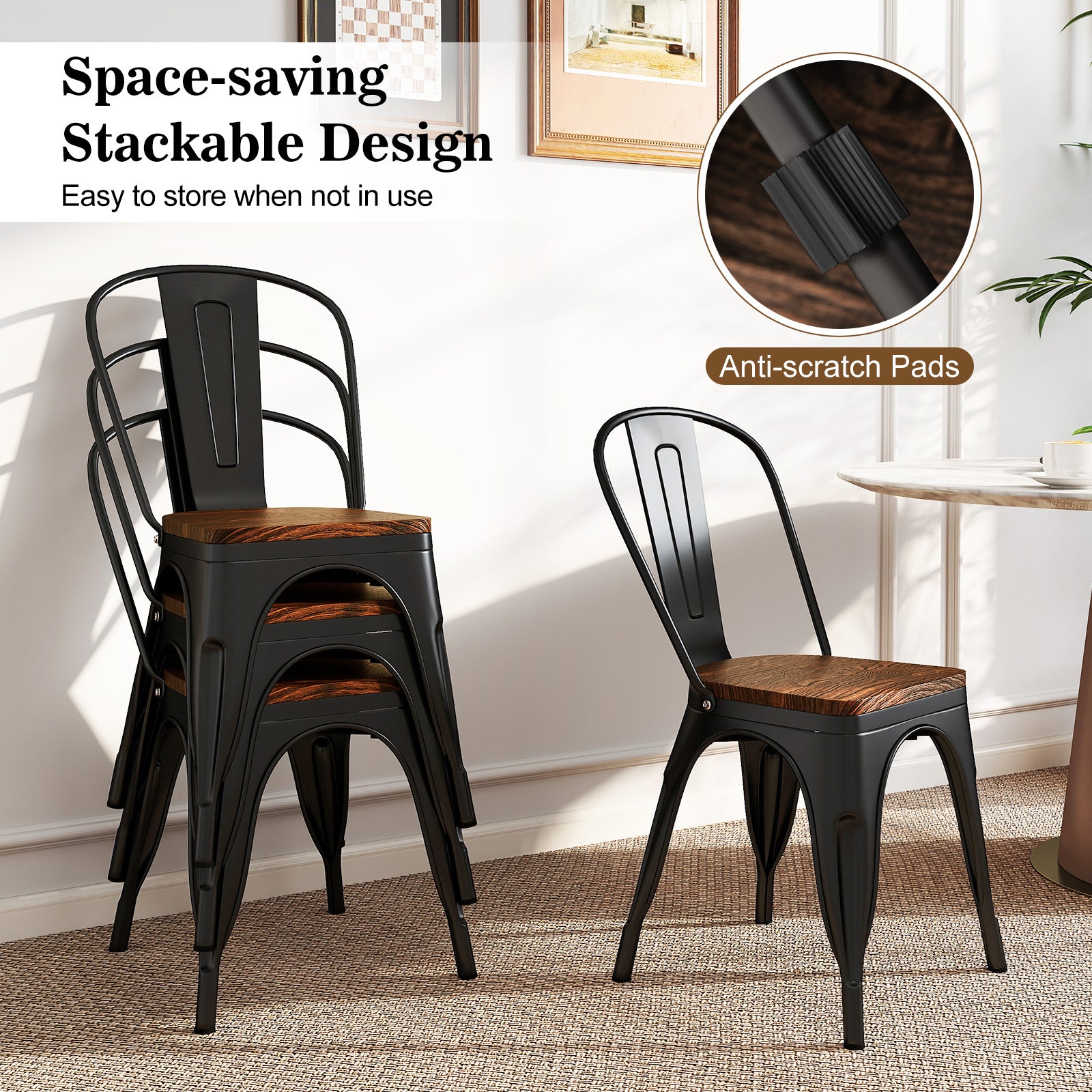 Metal Dining Chairs Set of 4 Stackable Kitchen Side Chairs-Black