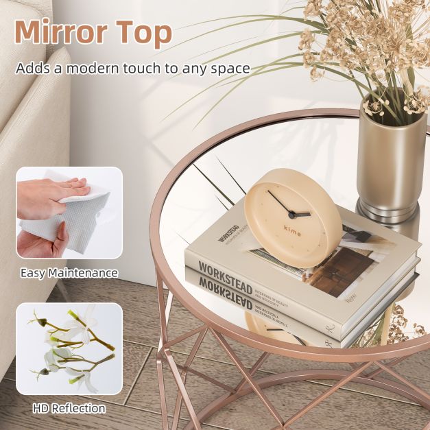 Stackable Metal Frame End Table Set of 2 with Mirrored Top-Rose Gold