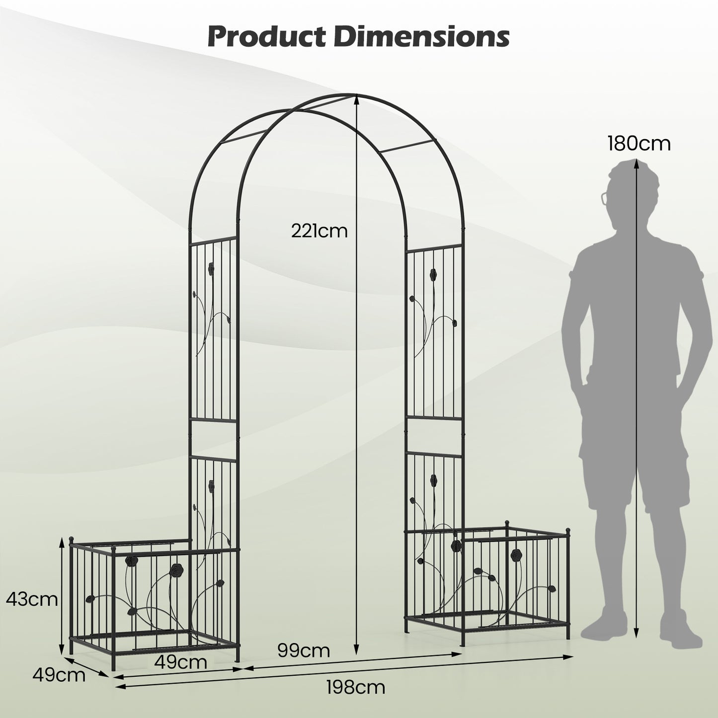 Metal Garden Arbor with Planter Boxes and Ground Stakes for Climbing Plants