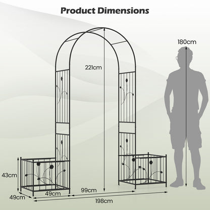 Metal Garden Arbor with Planter Boxes and Ground Stakes for Climbing Plants