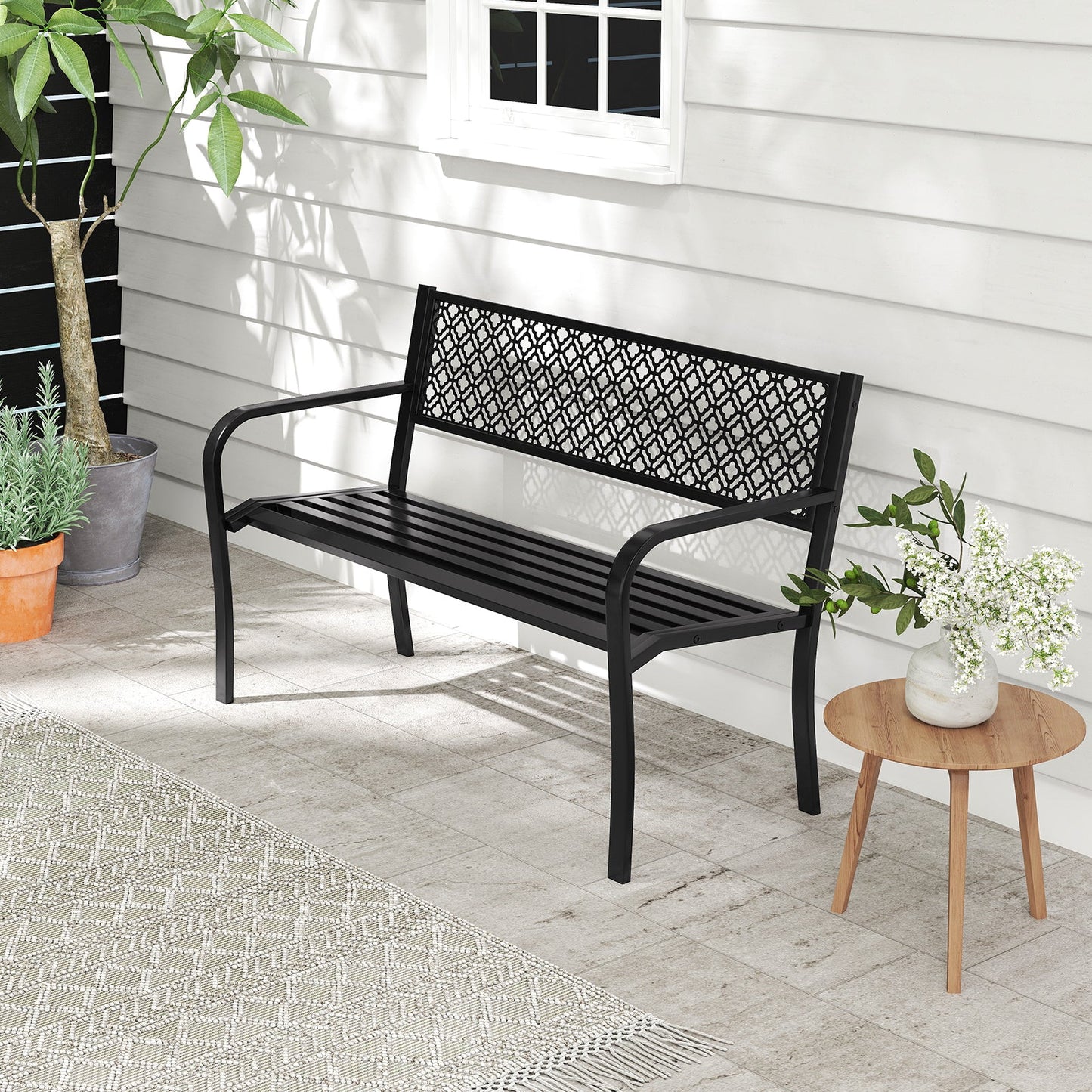 Metal Outdoor Garden Patio Bench with Geometric Lattice Backrest-Black