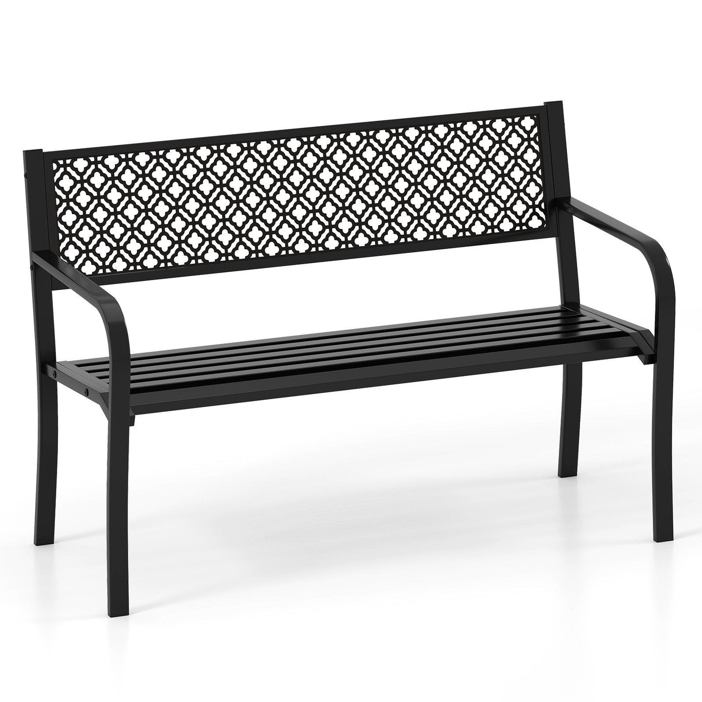 Metal Outdoor Garden Patio Bench with Geometric Lattice Backrest-Black