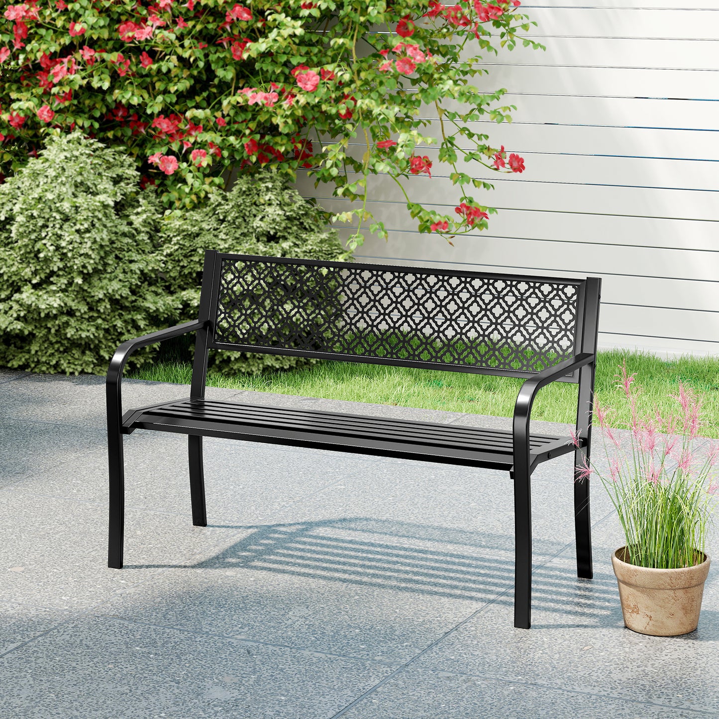 Metal Outdoor Garden Patio Bench with Geometric Lattice Backrest-Black