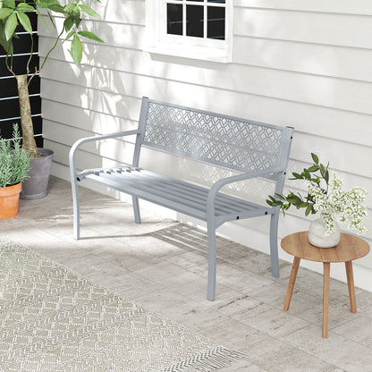 Metal Outdoor Garden Patio Bench with Geometric Lattice Backrest-Grey
