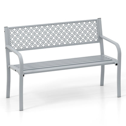 Metal Outdoor Garden Patio Bench with Geometric Lattice Backrest-Grey