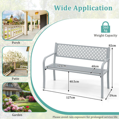 Metal Outdoor Garden Patio Bench with Geometric Lattice Backrest-Grey
