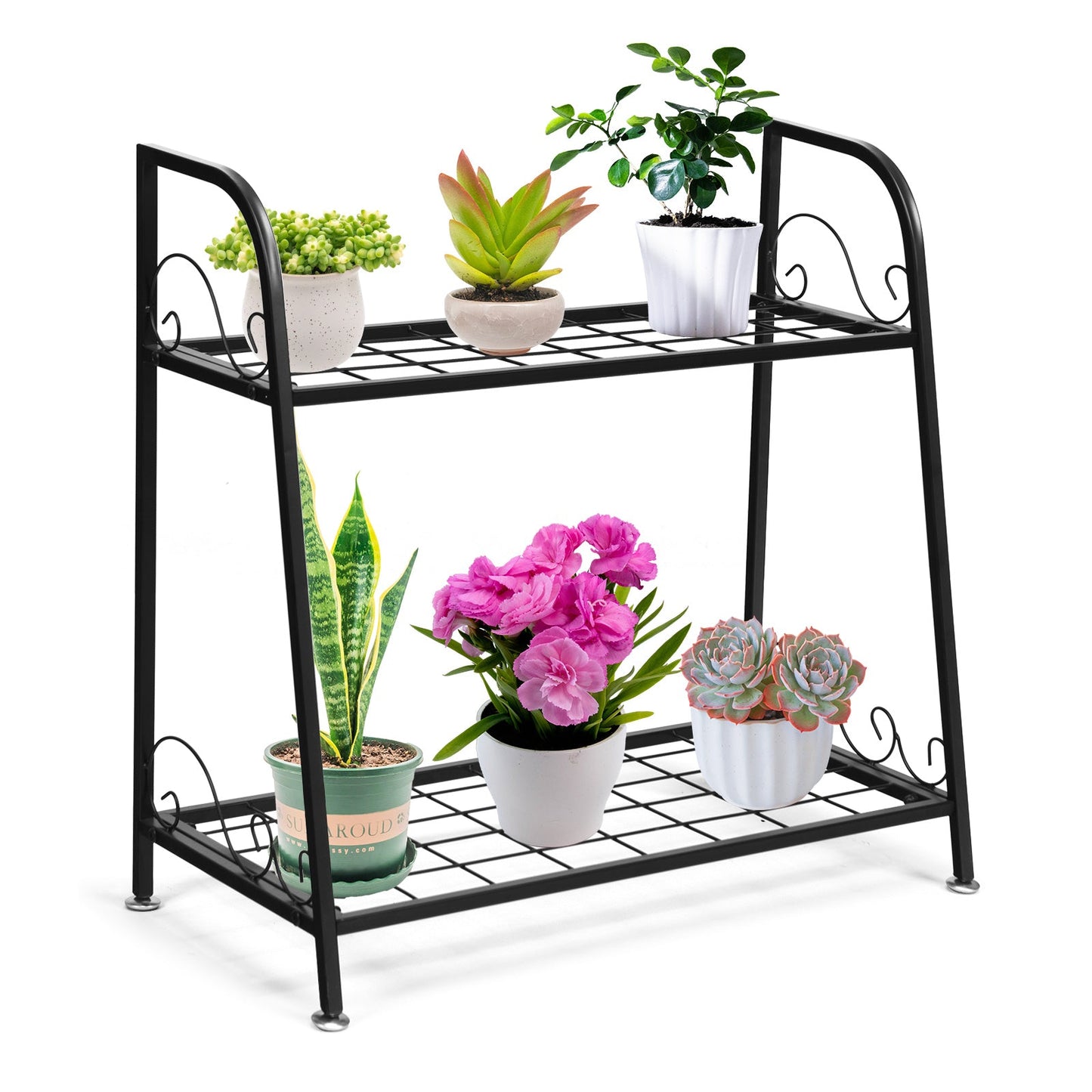 2-tier Metal Flowerpot Organizer Rack for Patio Garden Balcony