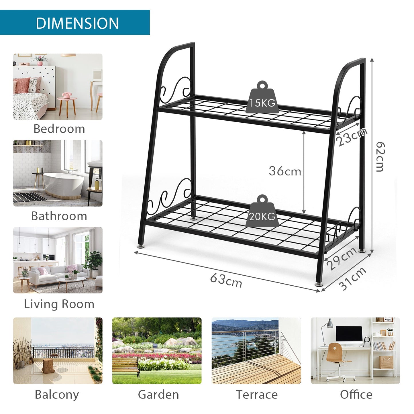 2-tier Metal Flowerpot Organizer Rack for Patio Garden Balcony