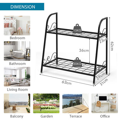 2-tier Metal Flowerpot Organizer Rack for Patio Garden Balcony