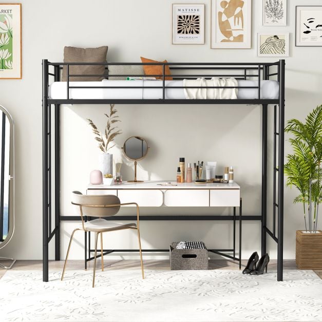 Metal Space-saving Loft Bed Frame with Full-length Safety Guardrail-Black
