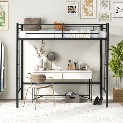 Metal Space-saving Loft Bed Frame with Full-length Safety Guardrail-Black