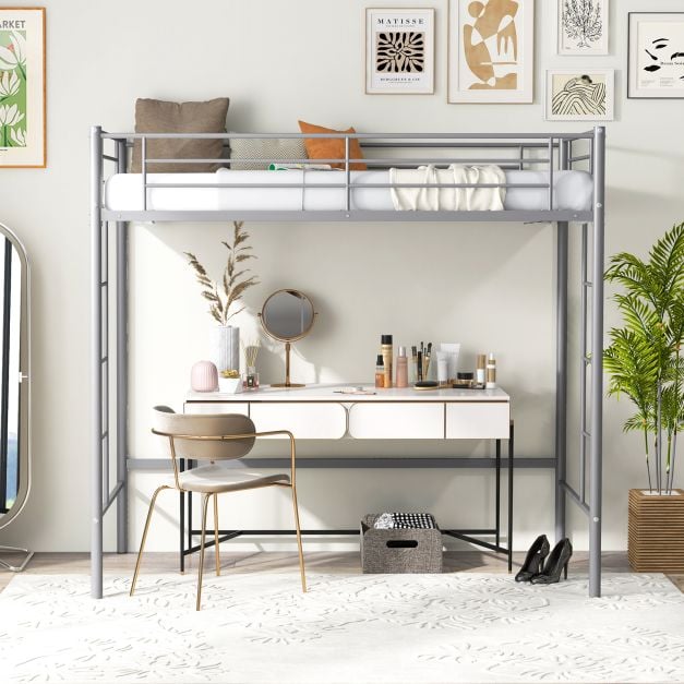 Metal Space-saving Loft Bed Frame with Full-length Safety Guardrail-Silver