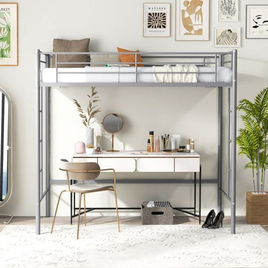 Metal Space-saving Loft Bed Frame with Full-length Safety Guardrail-Silver