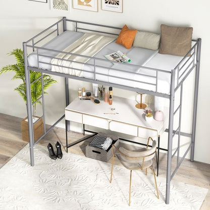 Metal Space-saving Loft Bed Frame with Full-length Safety Guardrail-Silver