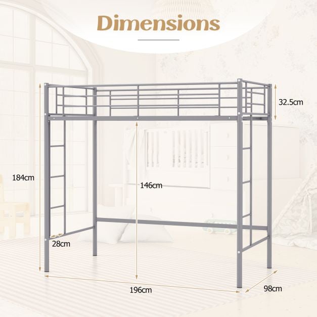 Metal Space-saving Loft Bed Frame with Full-length Safety Guardrail-Silver