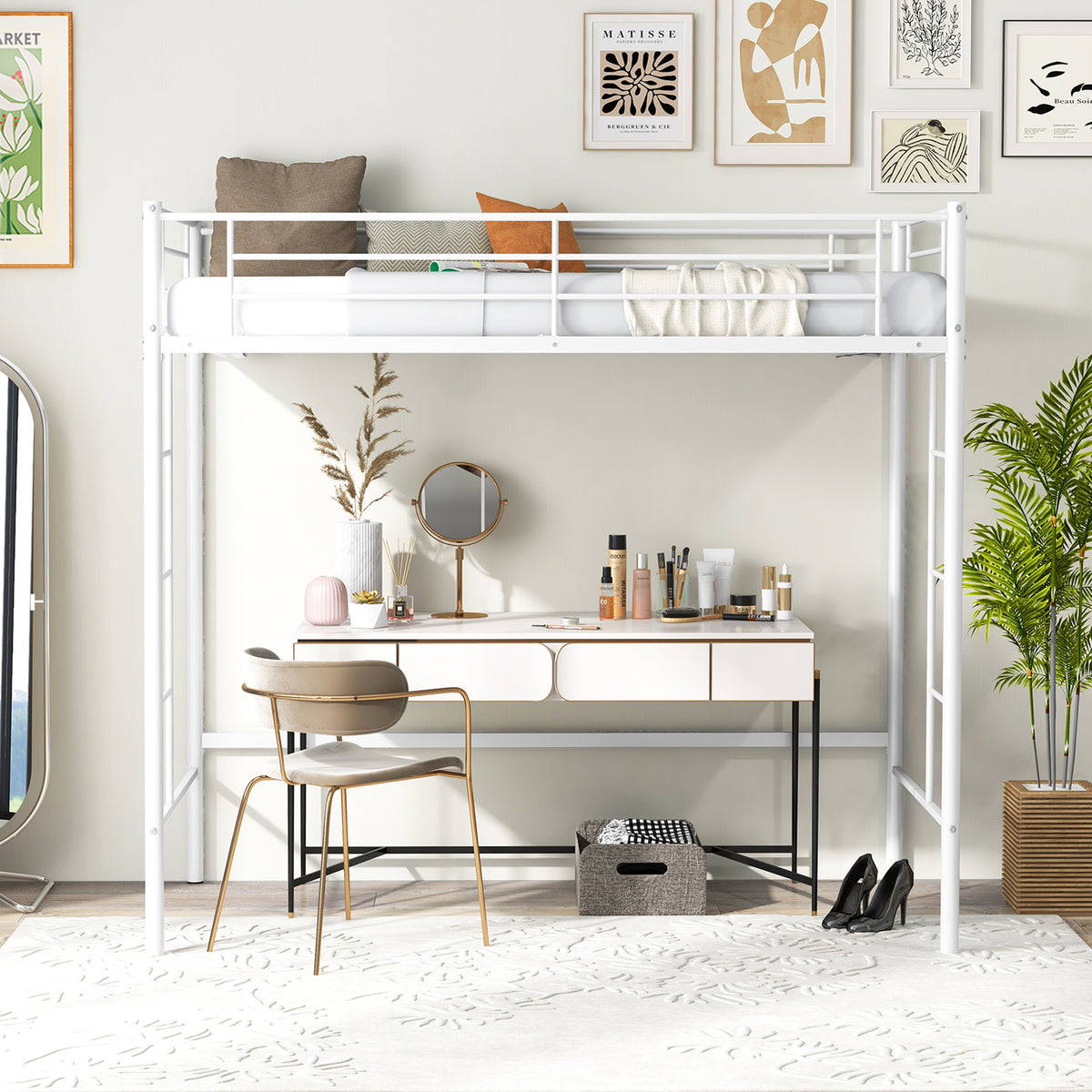 Metal Space-saving Loft Bed Frame with Full-length Safety Guardrail-White