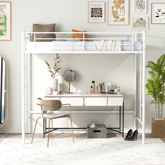Metal Space-saving Loft Bed Frame with Full-length Safety Guardrail in White, image 2