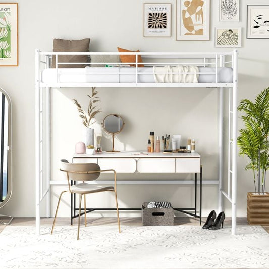 Metal Space-saving Loft Bed Frame with Full-length Safety Guardrail-White
