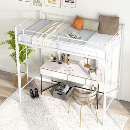Metal Space-saving Loft Bed Frame with Full-length Safety Guardrail-White