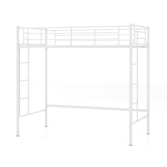 Metal Space-saving Loft Bed Frame with Full-length Safety Guardrail in White