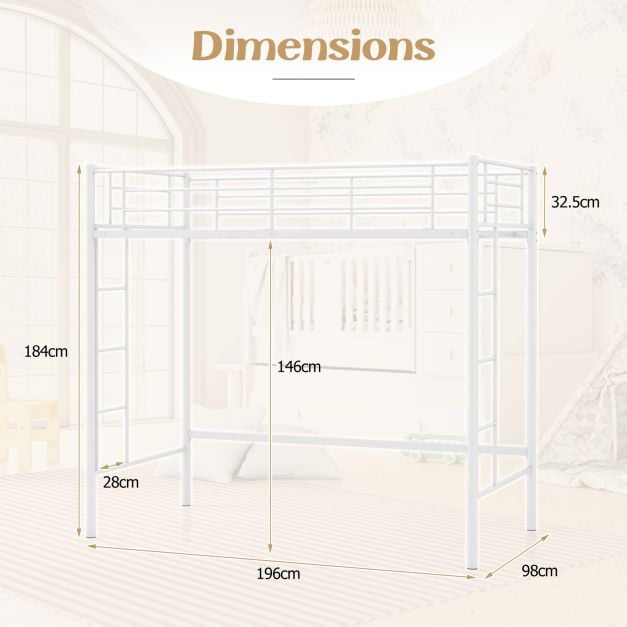 Metal Space-saving Loft Bed Frame with Full-length Safety Guardrail-White